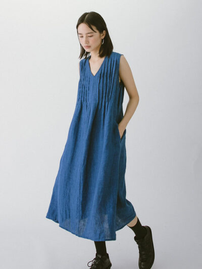 Linen Pleated Sleeveless Dress – Indigo