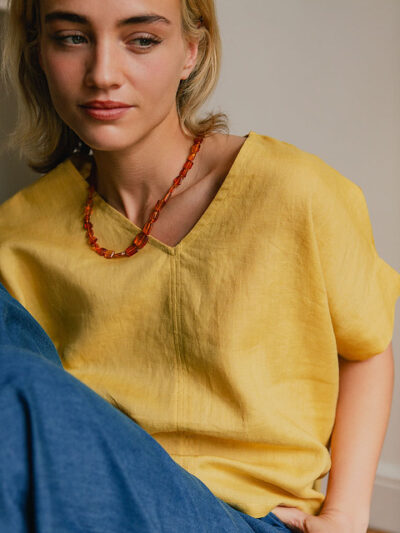 Wide-Sleeve V-Neck Top – Yellow