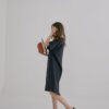 Linen V-Neck Midi Dress – Ink Black - Image 3