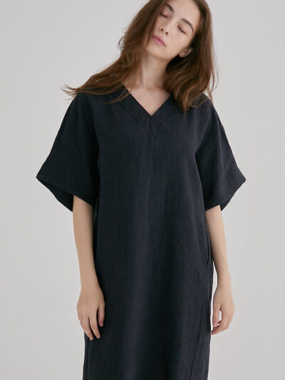 Linen V-Neck Midi Dress – Ink Black