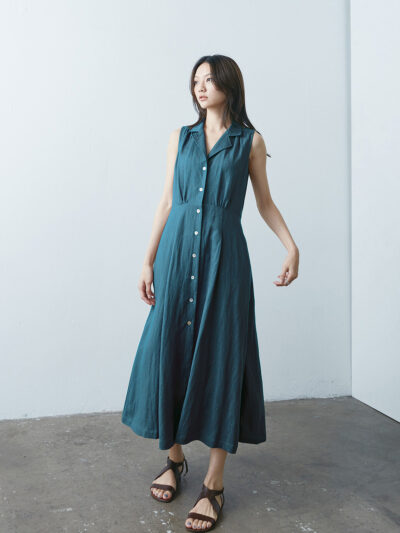 Vintage Collar Sleeveless Dress – Teal Blue