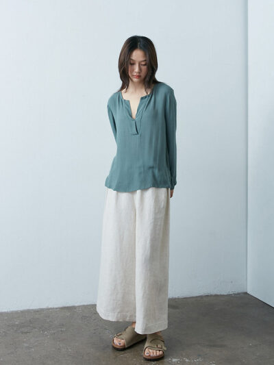 Notched V-Neck Blouse – Grey-Green