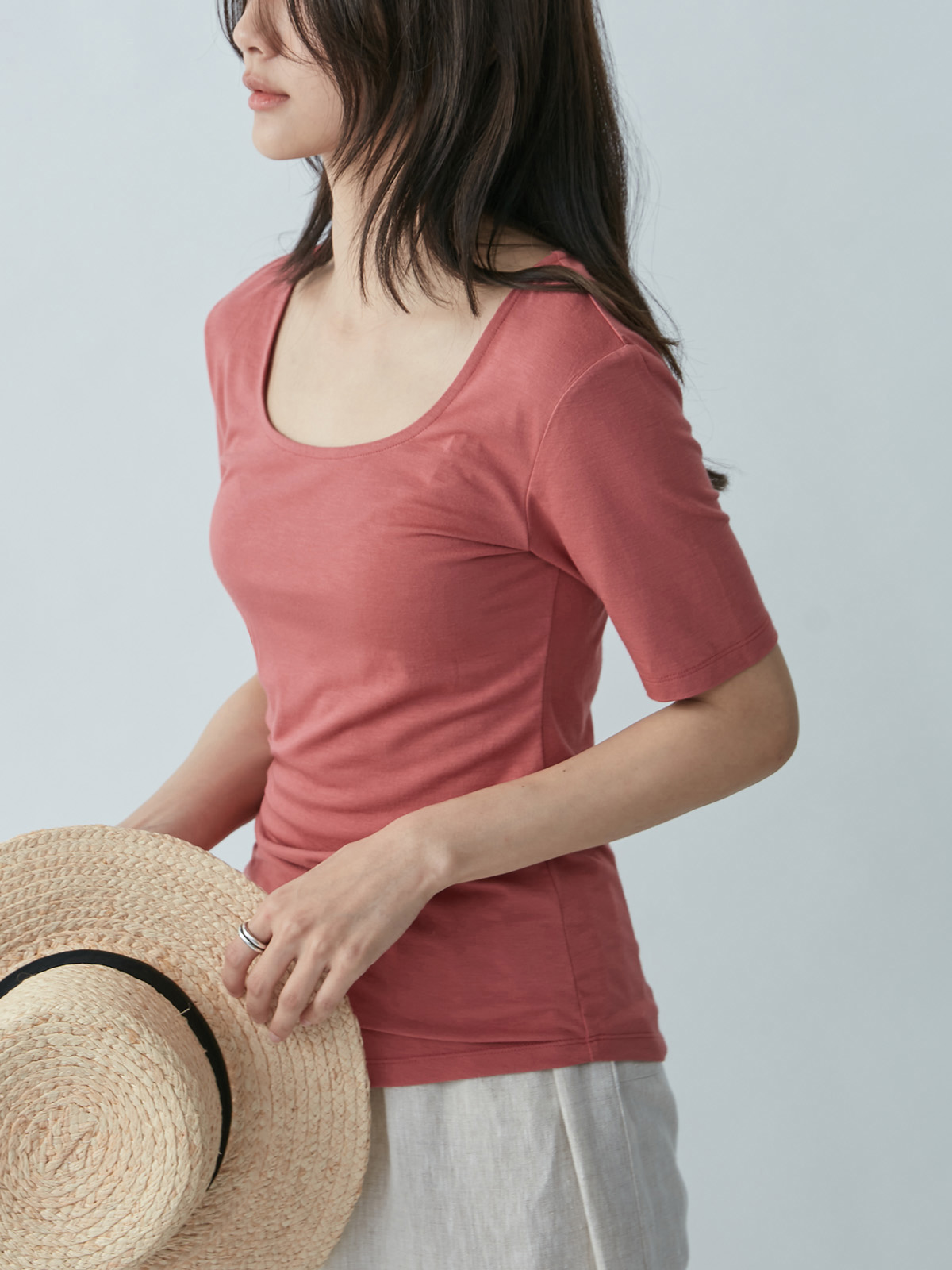U-Neck Cotton T-Shirt - Pink
