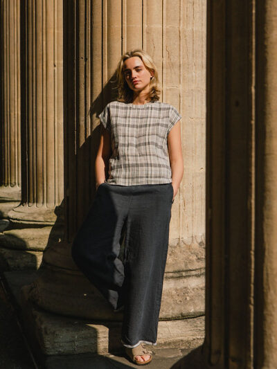 Plaid Linen Round-Neck Blouse