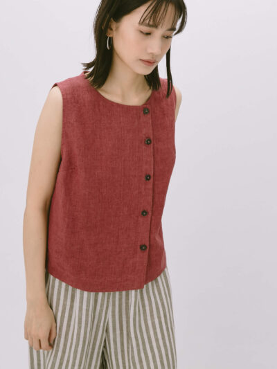 Round Neck Button Vest Top -  Berry Red