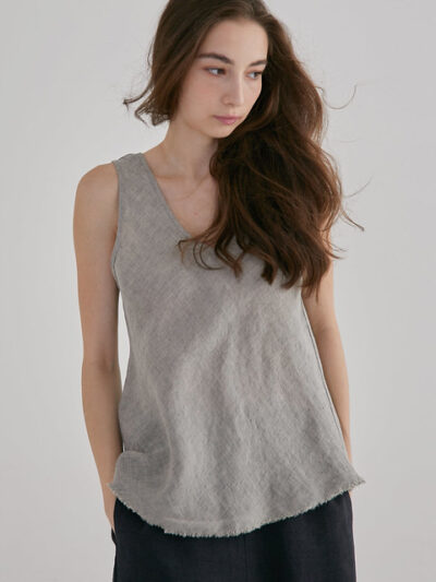 Frayed Hem Linen V-Neck Vest – Ash Grey