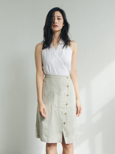 Side-Button Linen Skirt - light Green