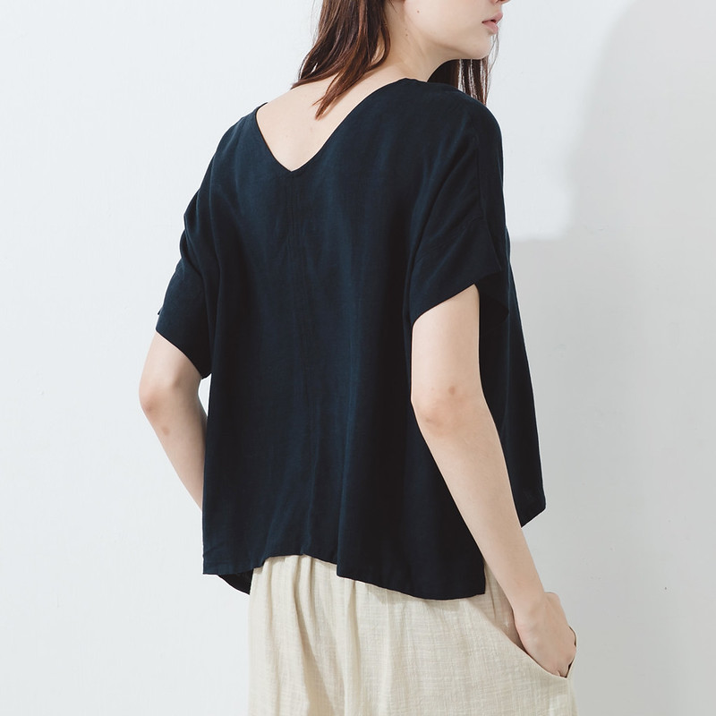 Wide-Sleeve V-Neck Top – Navy