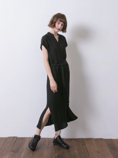 Dress with Side Slit & Tie Waist - Black
