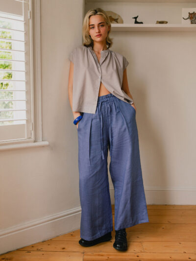 Relaxed Drawstring Linen Trousers - blueberry