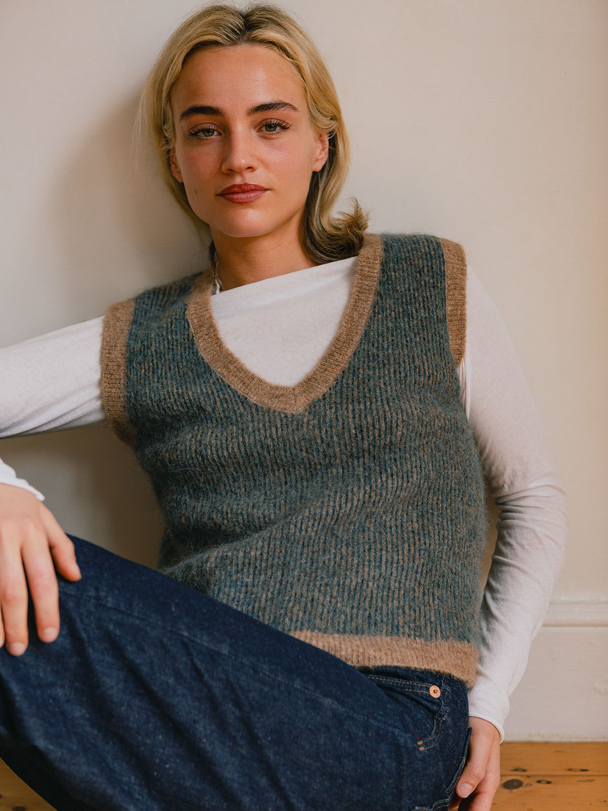 Striped V‑Neck Alpaca Wool Knit Vest