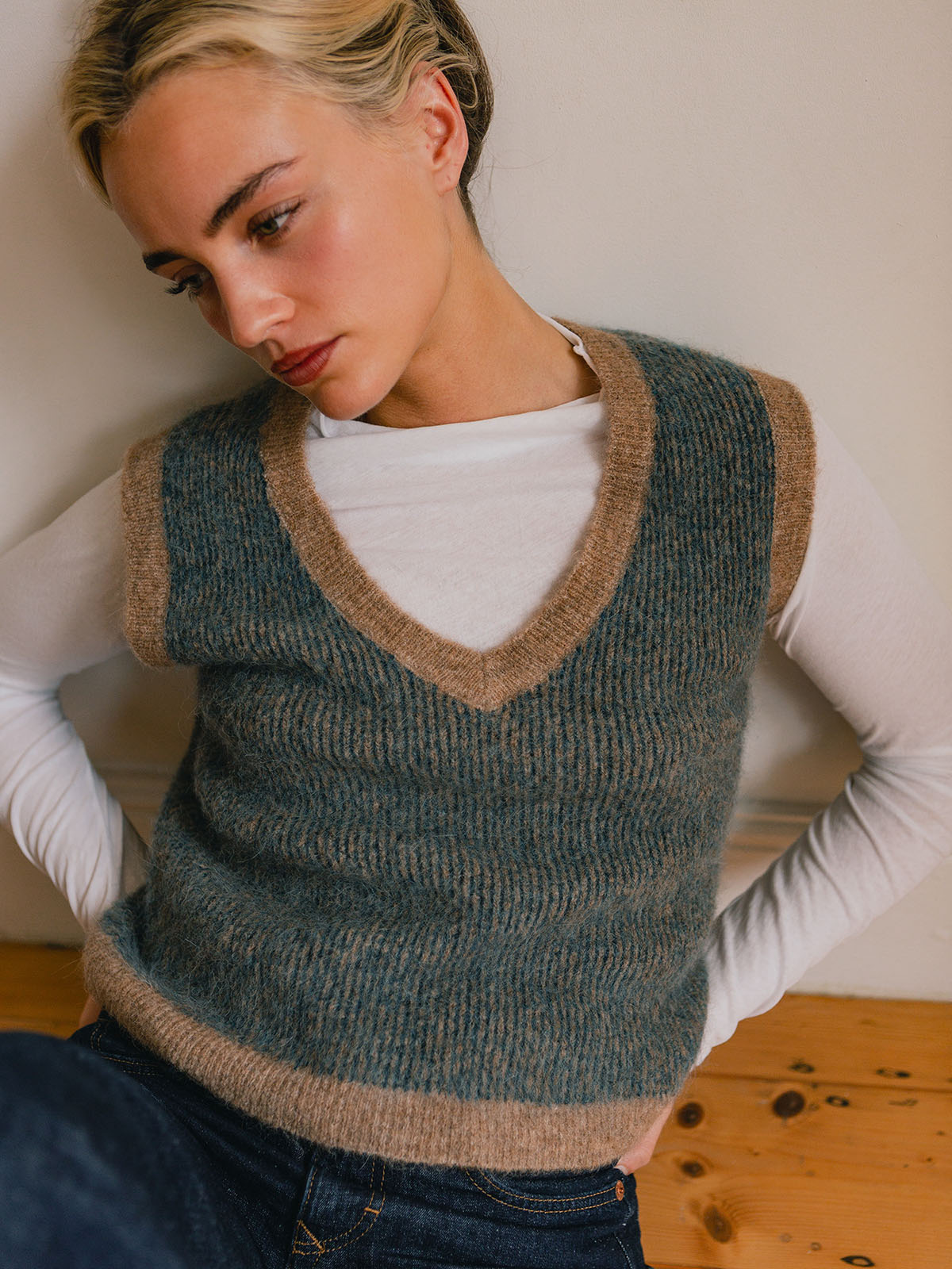 Striped V‑Neck Alpaca Wool Knit Vest - Image 2