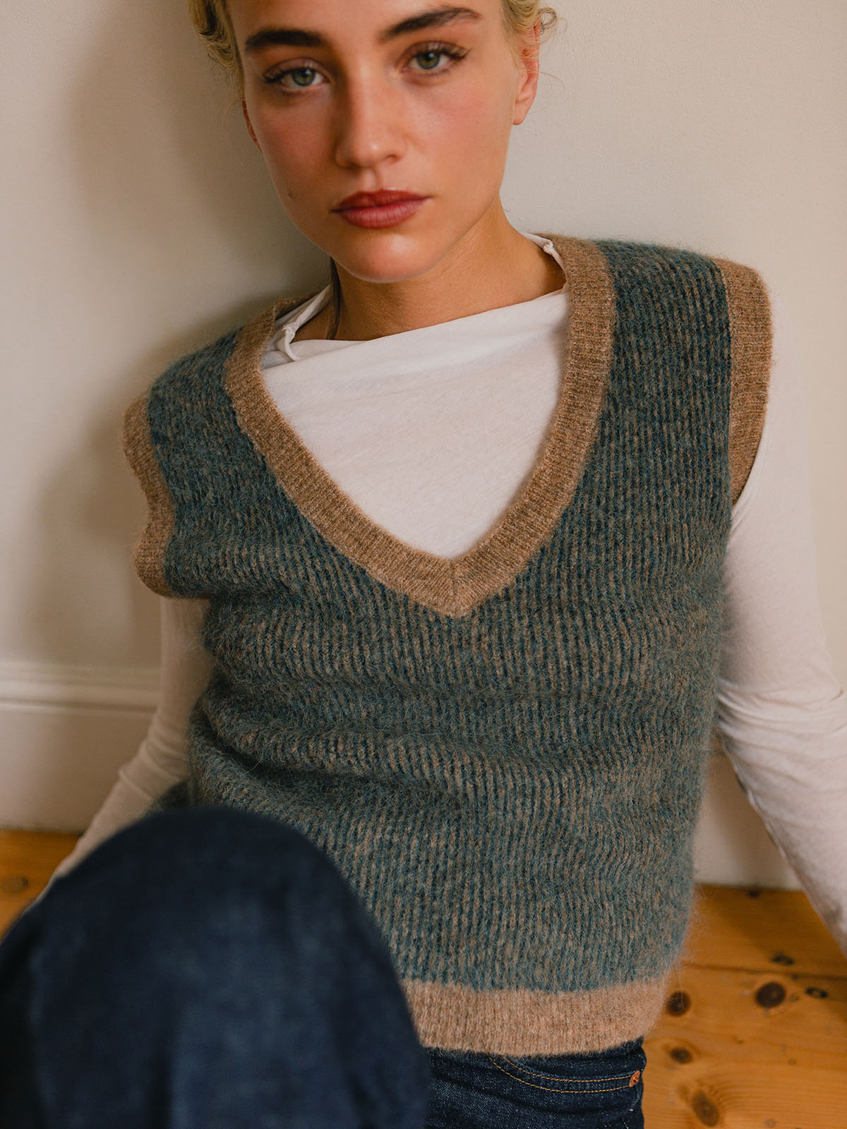Striped V‑Neck Alpaca Wool Knit Vest - Image 3