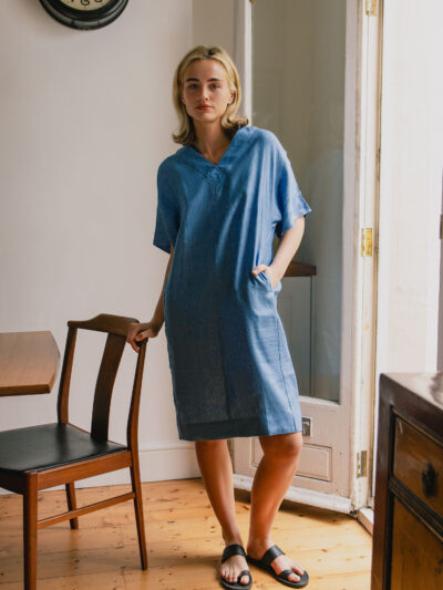 Linen V-Neck Midi Dress – Sky Blue