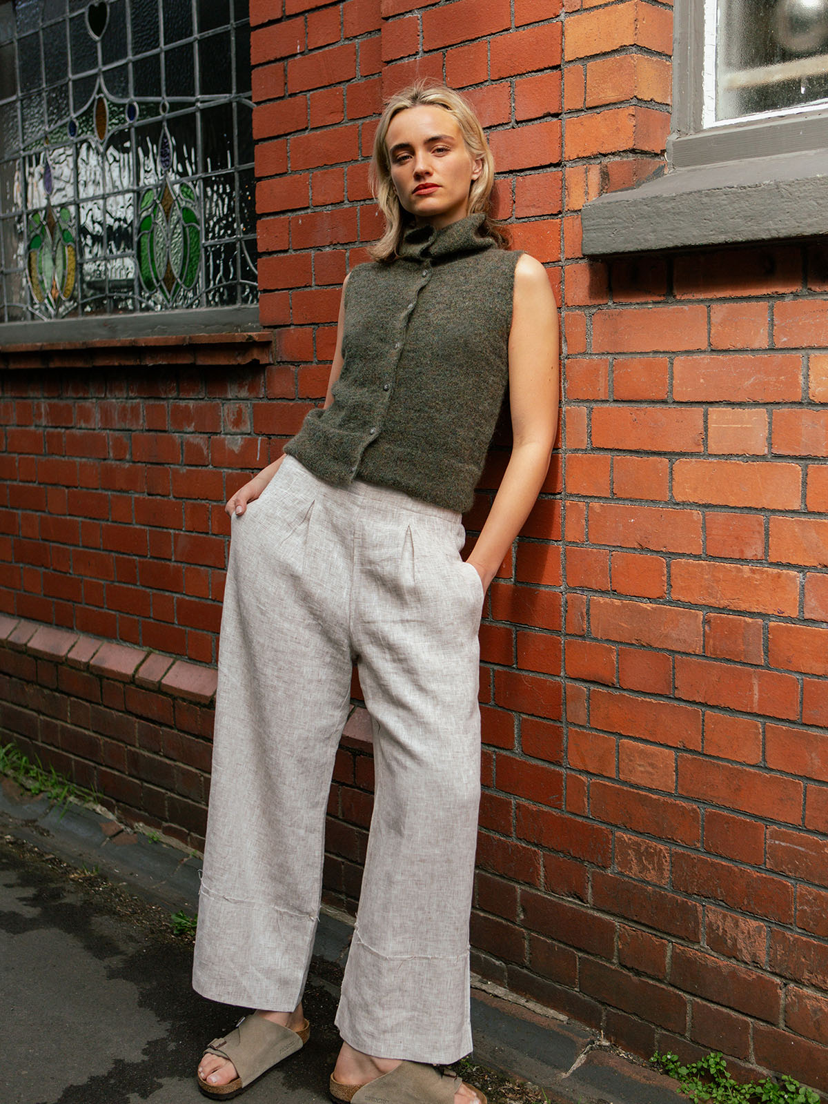 Button-Front Lightweight Wool Vest - Dark Green - Image 2