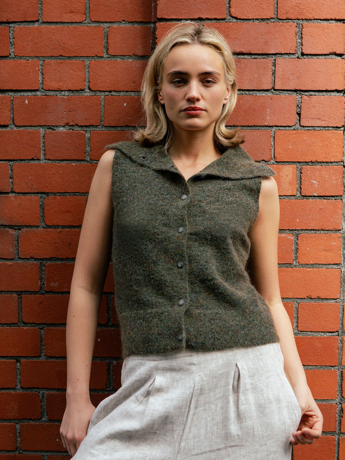 Button-Front Lightweight Wool Vest - Dark Green - Image 6