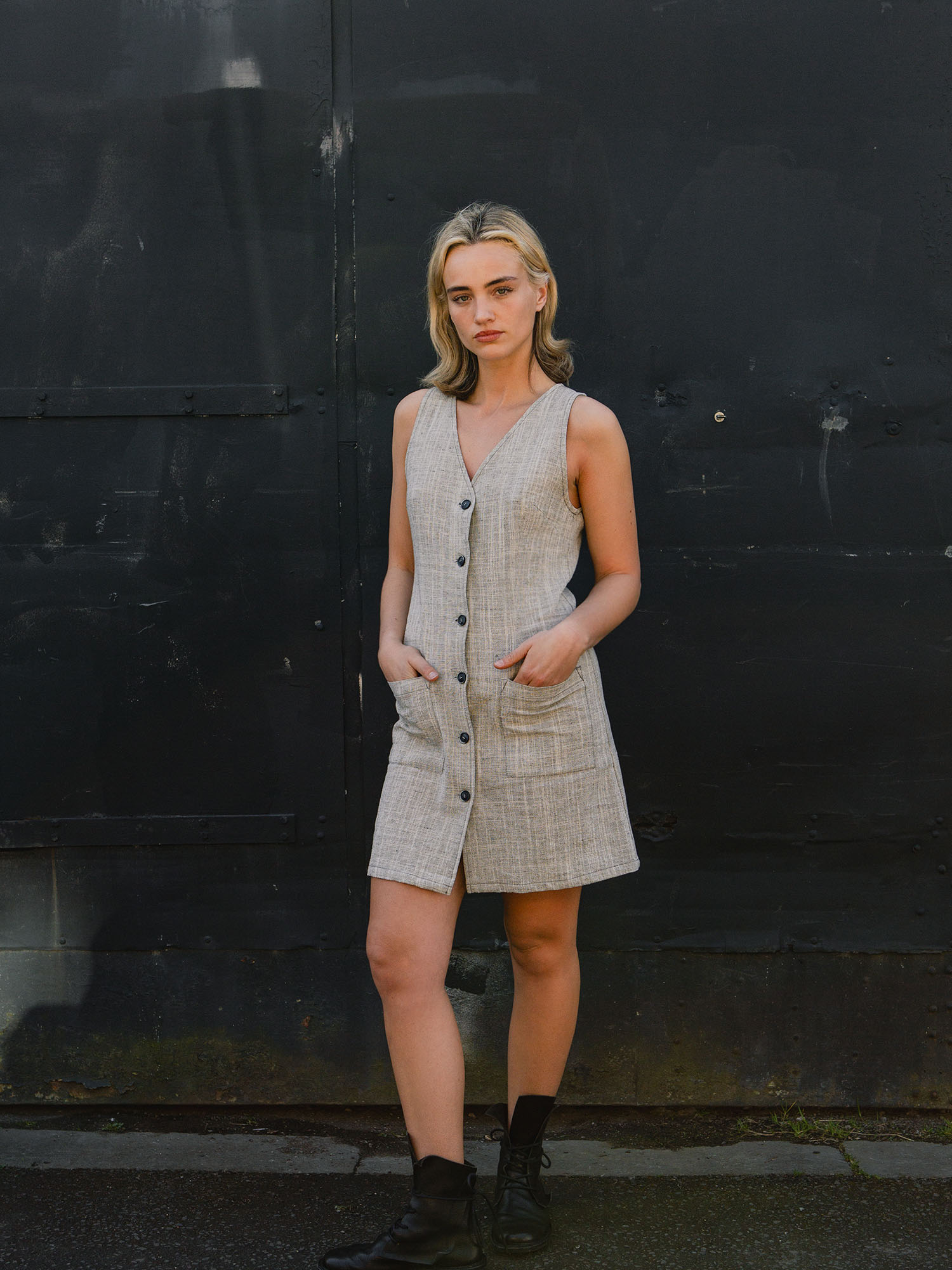 Button-Front V-Neck Pocket Dress – Black & White Weave