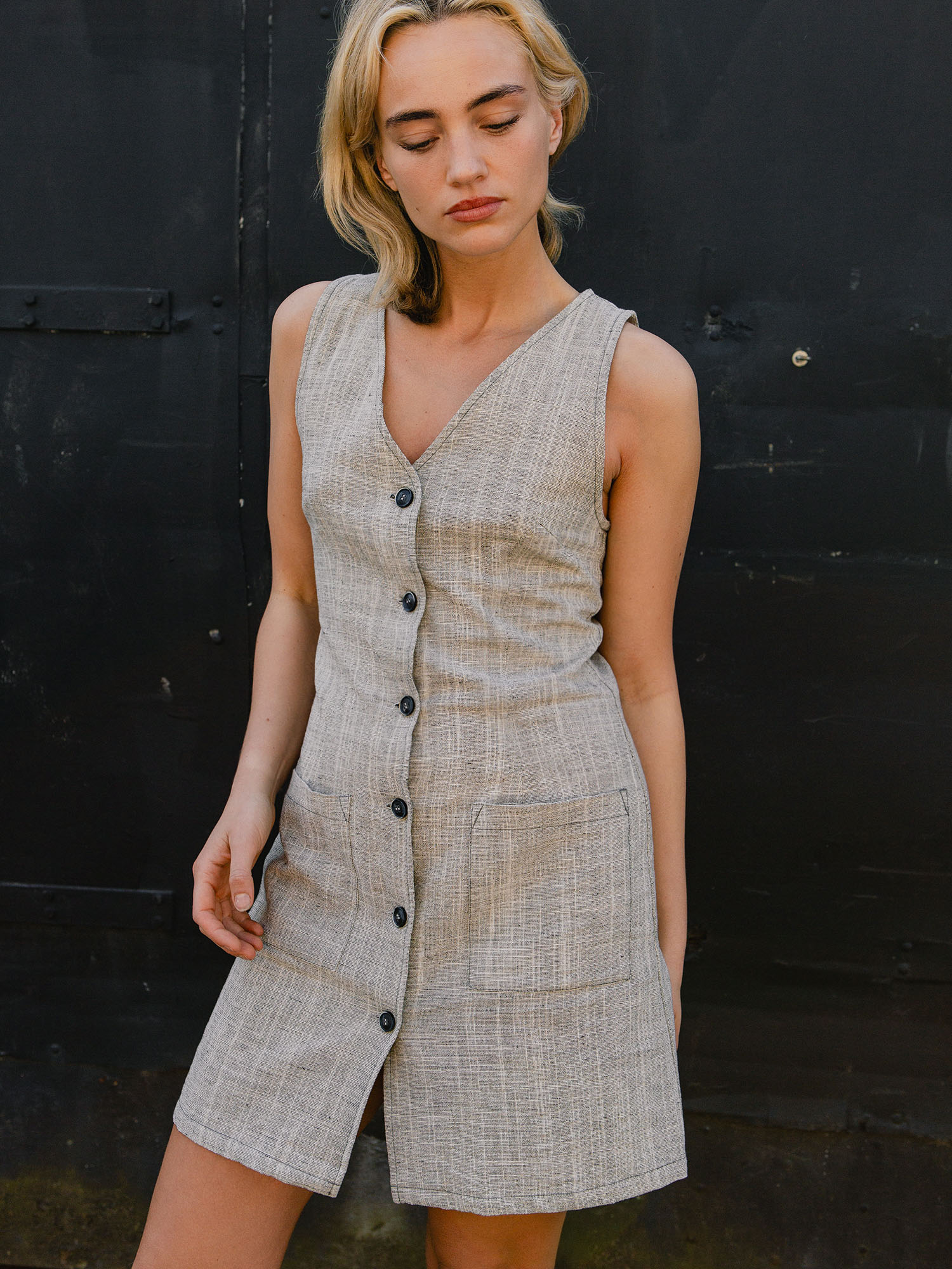 Button-Front V-Neck Pocket Dress – Black & White Weave - Image 2