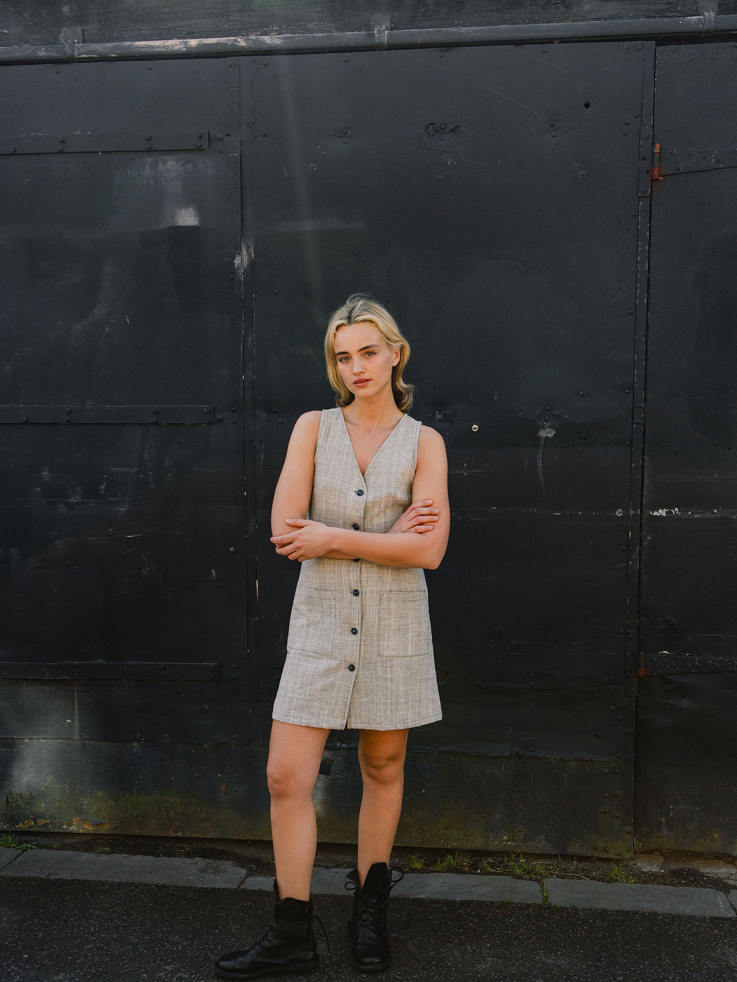 Button-Front V-Neck Pocket Dress – Black & White Weave - Image 3