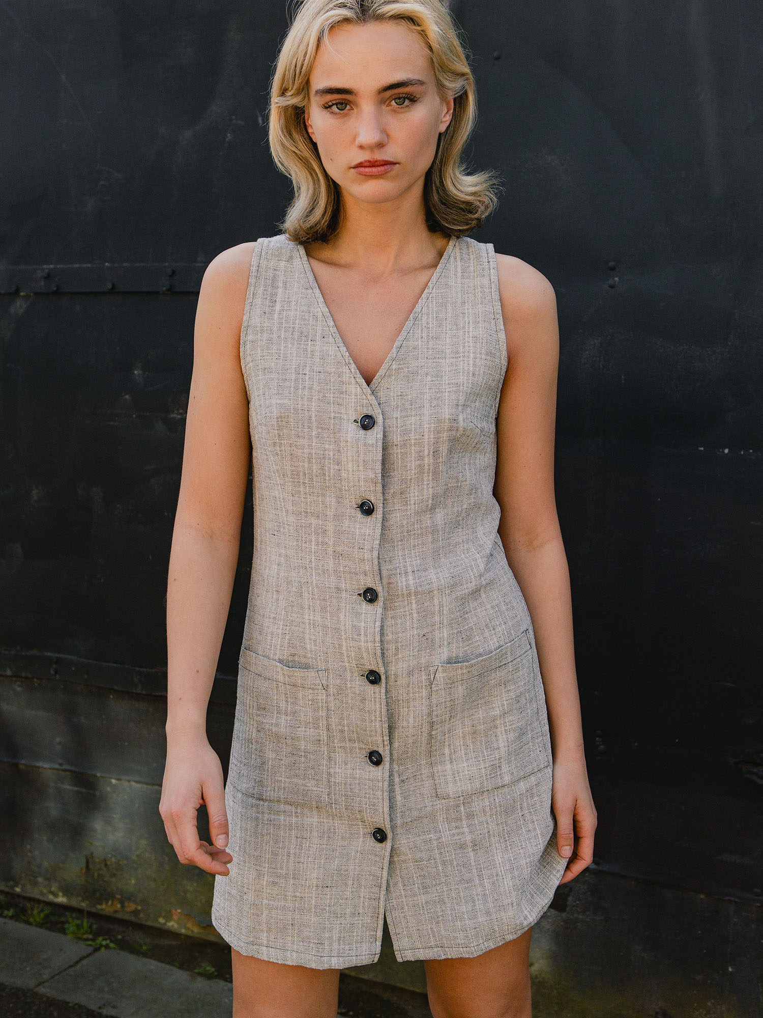 Button-Front V-Neck Pocket Dress – Black & White Weave - Image 5