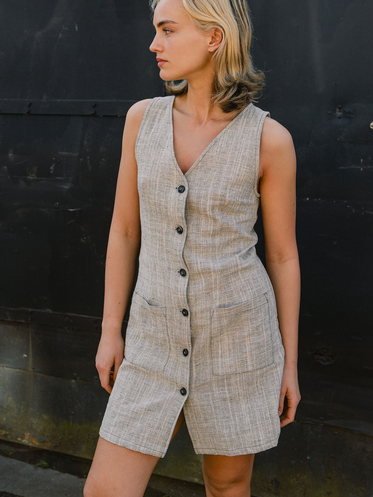 Button-Front V-Neck Pocket Dress – Black & White Weave - Image 6