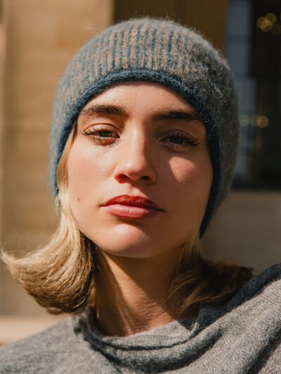 Colour‑Block Striped Alpaca Wool Beanie – Camel & Teal