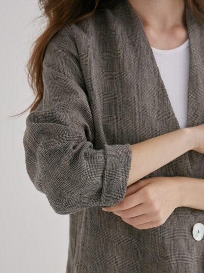 Collarless Single-Button Jacket - Plaid