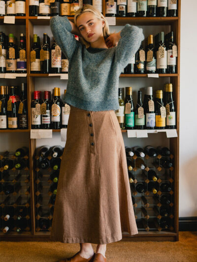 Retro Button A‑Line Skirt – Light Brown