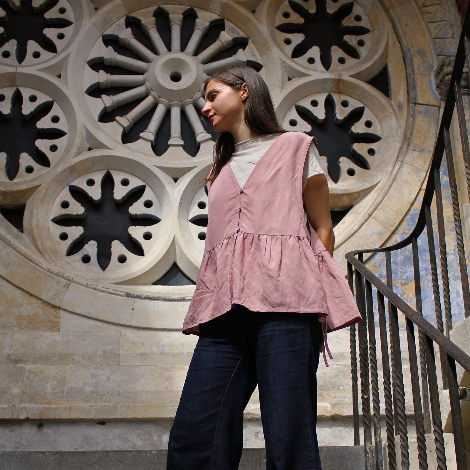 V-Neck Button-Front Tie Vest – Pink