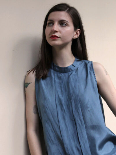 Pleated Stand Collar Sleeveless Top – Blue Silk