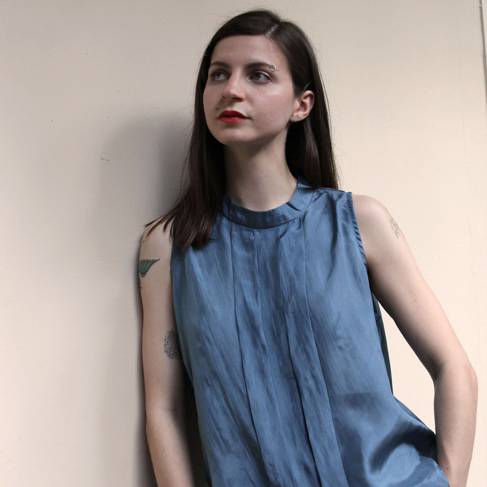 Pleated Stand Collar Sleeveless Top – Blue Silk