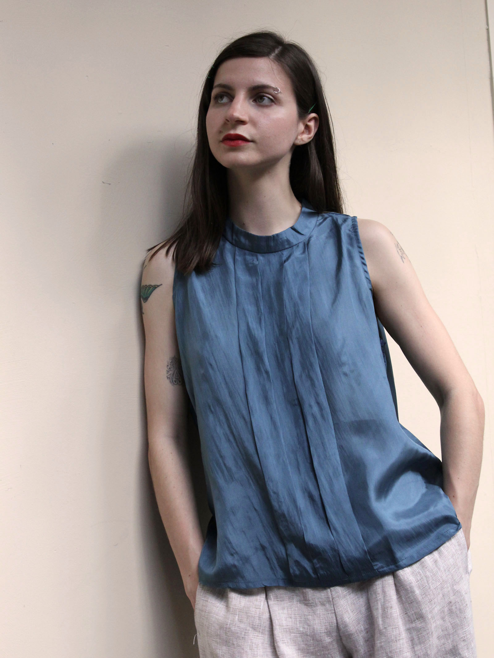 Pleated Stand Collar Sleeveless Top – Blue Silk - Image 4