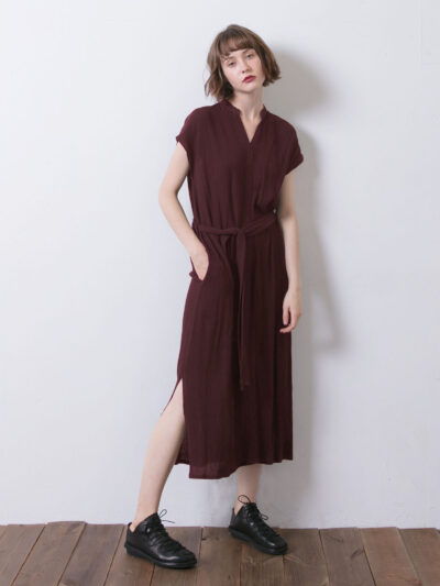 Dress with Side Slit & Tie Waist - Burgundy