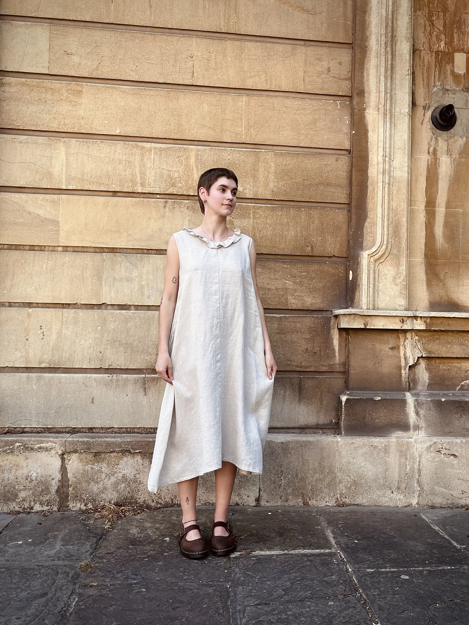 Ruffle V-Neck Sleeveless Dress – Natural - Image 9