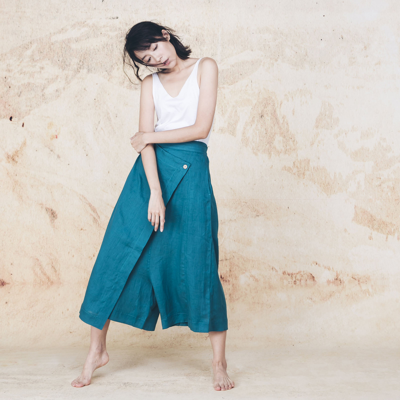 Cotton-Linen Drop-Crotch Culottes – Light Grey - Image 2
