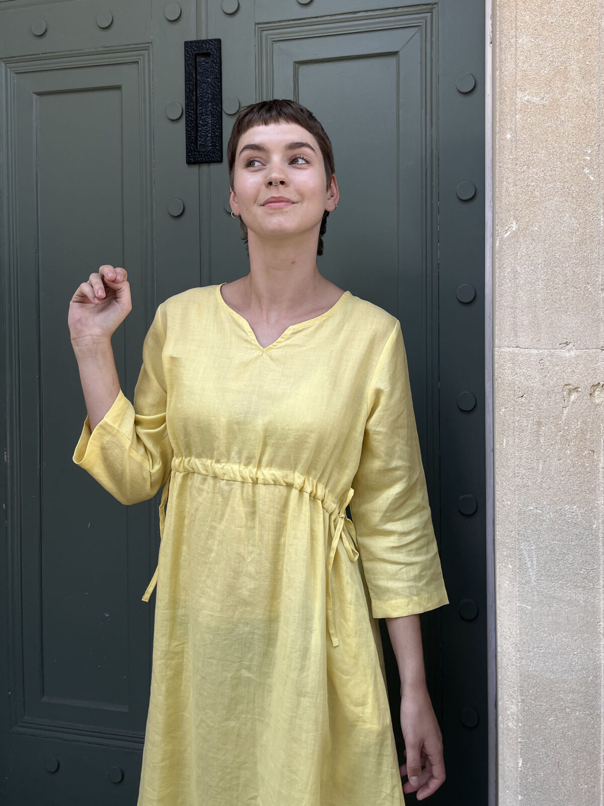 3/4 Sleeve Drawstring Dress – Butter Yellow